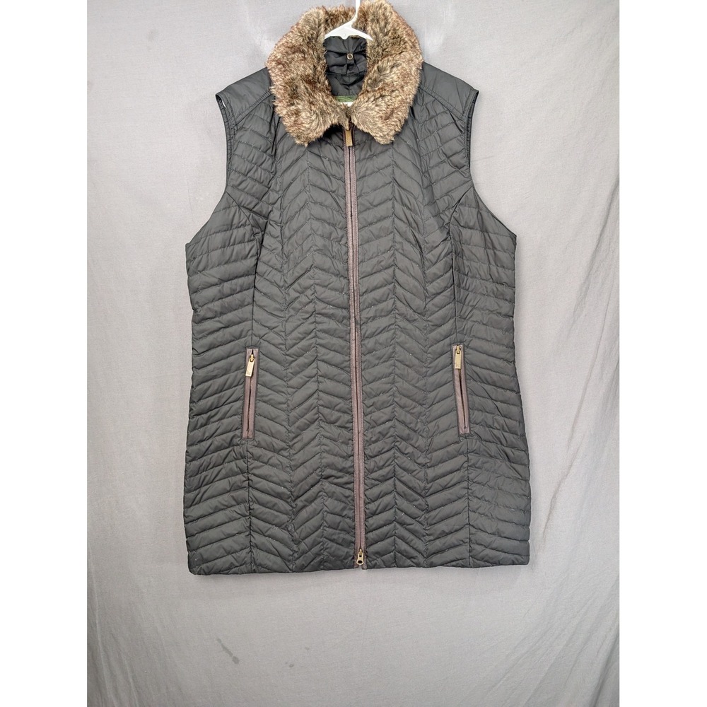 Eddie Bauer Down Vest Womens XL Black Faux Fur Collar Quilted Puffer Full Zip